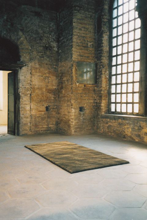 Sculpture. A rectangle the size of an area rug sits on the stone floor of a stone room. The sculpture is streaked with golden-brown and black. From this distance, it appears to be a carpet. Close up, we find it is made from rows of pins.