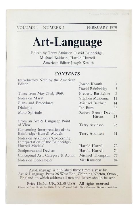Cover of a journal. The title reads, “Art-Language The Journal of conceptual art”. Text above reads, “Volume 1 Number 2 February 1970” and text below, “Edited by Terry Atkinson, David Bainbridge, Michael Baldwin, Harold Hurrell American Editor Joseph Kosuth”.