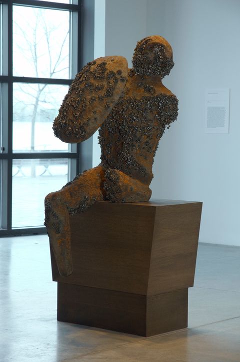 Sculpture. An abstracted human form holding a shield is rusted and encrusted with mussel shells. The form is missing one leg, the other foot, and one arm. It sits on a wood base in a gallery.