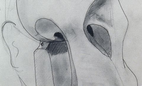 Film still. Detail view of a drawing showing an abstracted face from the eyebrows to the nose. A squiggle to our left suggests an ear next to exaggerated hollows for what might be eyes.